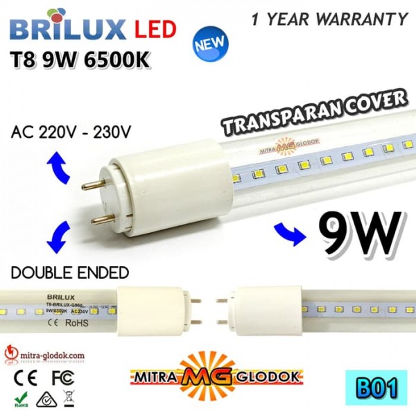 LED Neon Pendek TL T8 Tube 9W 60 cm Cover Transparant - WHITE | Brilux - Double E